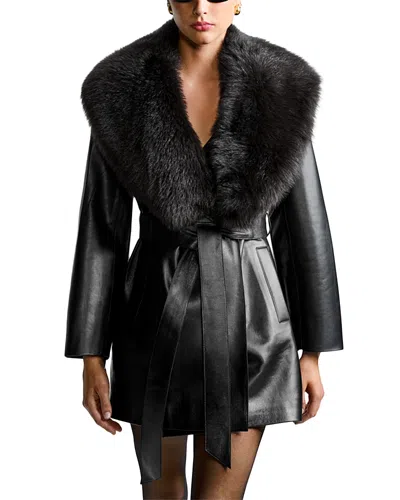Nour Hammour Kelsey Shearling Trim Leather Jacket In Black Brown