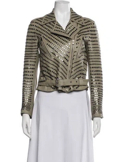 Pre-owned Nour Hammour Lambskin Patterned Biker Jacket In Green