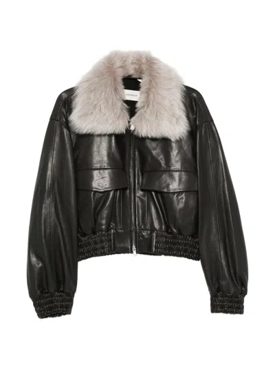 Nour Hammour Lambskin With Detachable Shearling Collar Jacket In Black