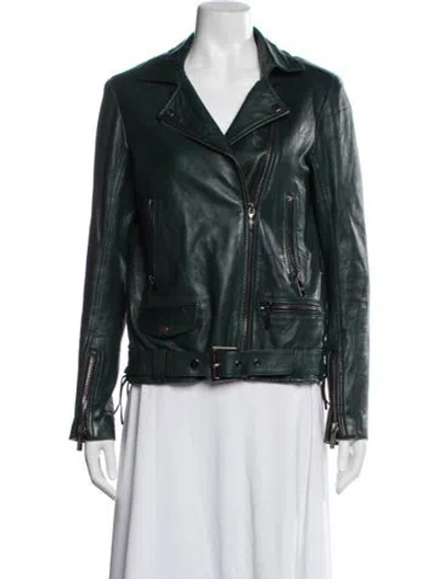 Pre-owned Nour Hammour Leather Biker Jacket In Green