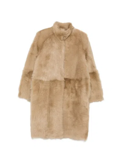 Nour Hammour Midi Shearling Coat In Neutral