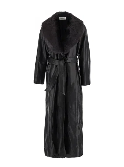 NOUR HAMMOUR BLACK COAT WITH REMOVABLE FAUX-FUR LAPELS AND WAIST BELT IN LEATHER WOMAN