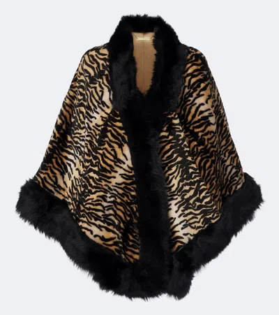 Nour Hammour Olympe Printed Shearling Poncho In Golden Tiger