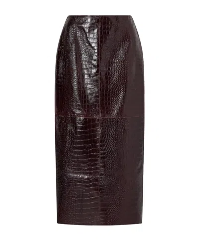 Nour Hammour Paneled Croc-effect Leather Midi Skirt In Brown