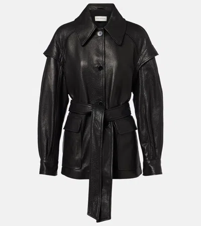 Nour Hammour Perrin Belted Textured-leather Jacket In Black