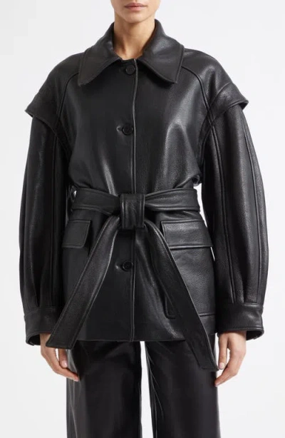 Nour Hammour Perrin Belted Leather Jacket In Black