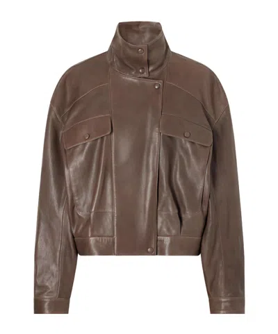 Nour Hammour Quincy Cropped Paneled Leather Bomber In Brown