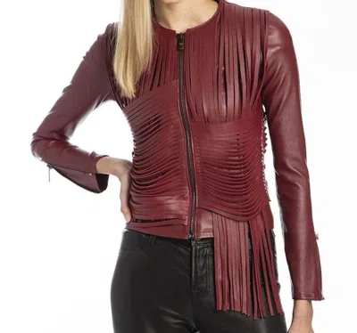 Nour Hammour Retrograde Draped Leather Fringe Jacket In Cranberry In Pink