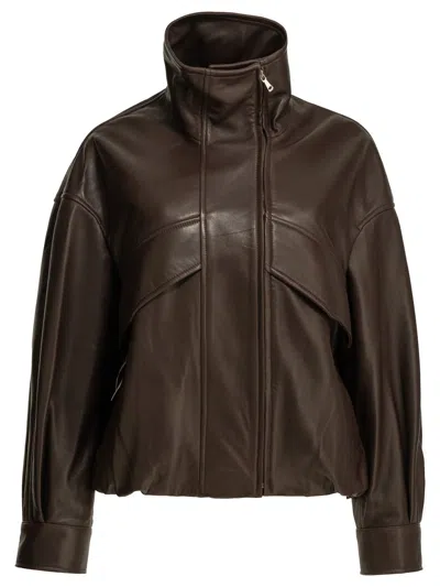 Nour Hammour High-neck Leather Jacket In Brown