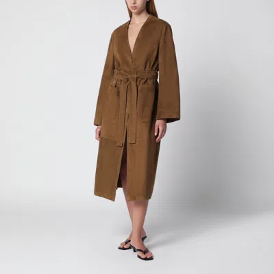 Nour Hammour Ruelle Belted Coat In Brown Suede Leather In Multi