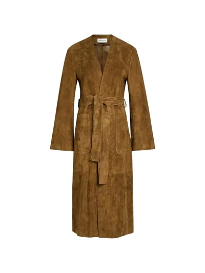 Nour Hammour Ruelle Belted Coat In Brown Suede Leather In Multi