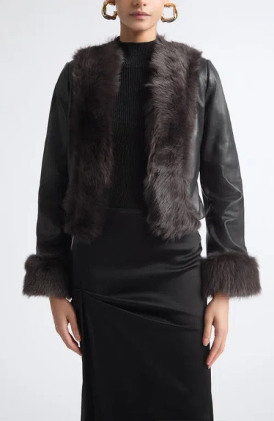Nour Hammour Sofie Leather Jacket With Genuine Shearling Trim In Noir Classique