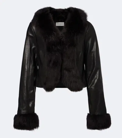 Nour Hammour Sofie Cropped Shearling-trimmed Leather Jacket In Black