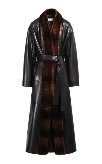 Nour Hammour Vivian Shearling-trimmed Leather Trench Coat In Black