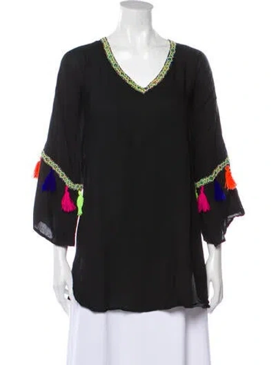 Pre-owned Nour Hammour V-neck Three-quarter Sleeve Tunic In Black