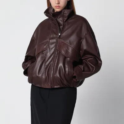 Nour Hammour Voluminous Lambskin Leather Bomber Jacket With Cropped Elastic Hem In Brown