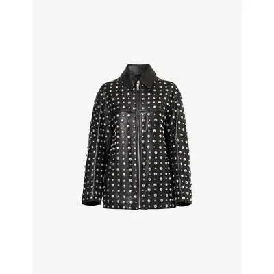 Nour Hammour Womens Black Studded Relaxed-fit Leather Jacket