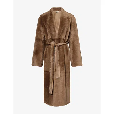 Nour Hammour Womens Davos Longline Shearling Coat Mink Toffee