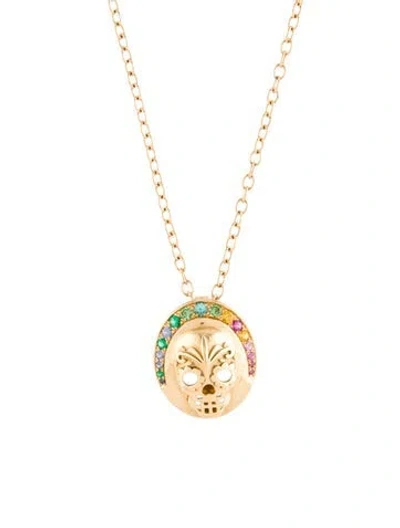Pre-owned Nouvel Heritage 18k Sapphire, Emerald & Tsavorite Garnet Skull Medallion Pendant Necklace, 22" In Multi