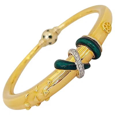 Pre-owned Nouvelle Bague La  18 Karat Gold Bangle Bracelet With Diamonds And Green Enamel