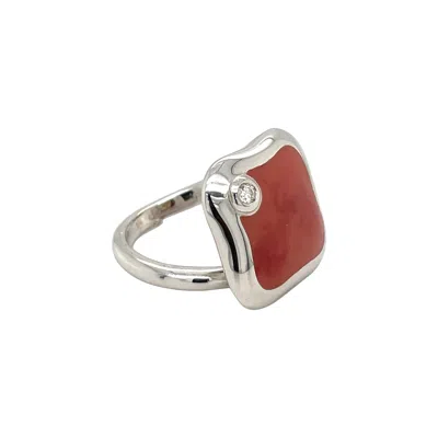 Pre-owned Nouvelle Bague La  18kt White Gold Fiori Ring With Red Enamel And Diamond