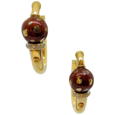 Pre-owned Nouvelle Bague La  18kt Yellow Gold Hoop Earrings With Burgundy Enamel & Diamonds