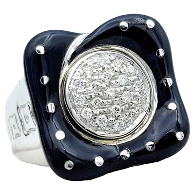 Pre-owned Nouvelle Bague La  Pavé Diamond Cluster Squared Blue Enamel Ring In 18 Karat Gold