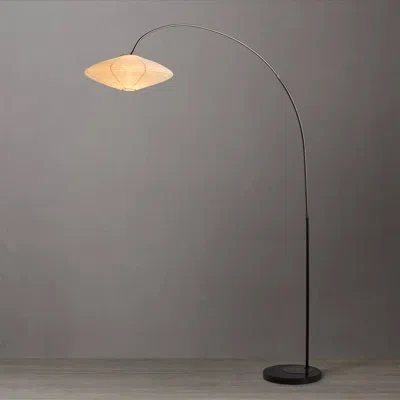Nova Of California 1-light Arc Floor Lamp With Dimmer, Matte Black Finish, Handcrafted Linen-cotton Shade, Black Marble