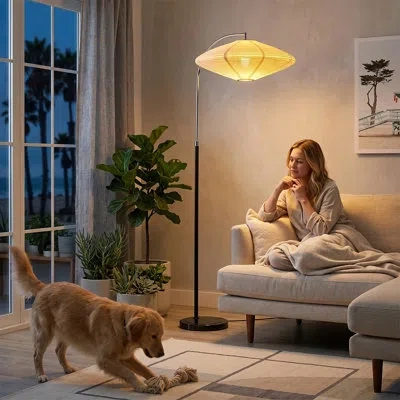 Nova Of California 63" Kyoto Floor Lamp With Dimmer, Matte Black Finish, Handcrafted Linen-cotton Shade, Black Marble B