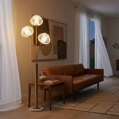 Nova Of California Bloom 3-light Floor Lamp - Black Nickel, Black Marble Base, White Satin Shade, Foot Dimmer