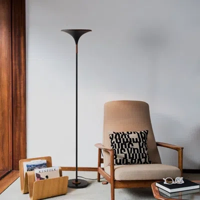 Nova Of California Lodi Torchiere Floor Lamp - Matte Black, Hammered Gold Leaf Shade, Walnut, Marble Base, Foot Dimmer In Matte Black & Walnut