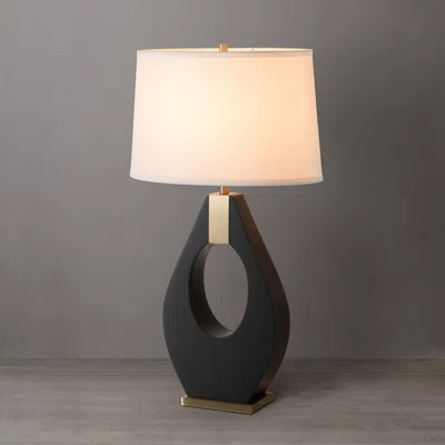 Nova Of California Pearson Table Lamp - Ebony Wood, Weathered Brass, White Cotton-linen Shade In Multi