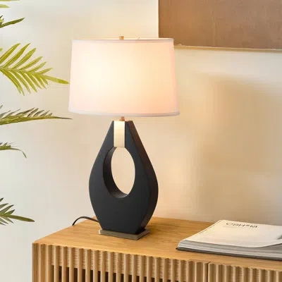 Nova Of California Pearson Table Lamp - Ebony Wood, Weathered Brass, White Cotton-linen Shade