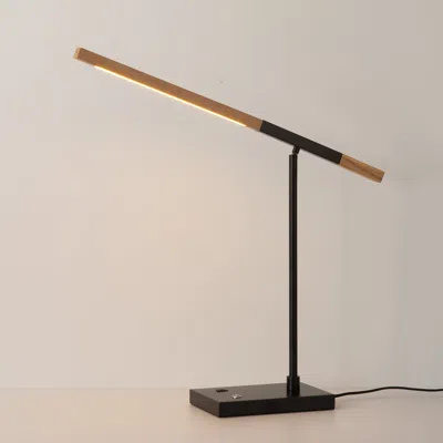 Nova Of California Port Table Lamp - Matte Black, Natural Ash Wood Finish, Usb, Touch Dimmer Switch In Brown