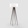 NOVA OF CALIFORNIA QUATTRO FLOOR LAMP - DARK WALNUT WOOD FINISH & WEATHERED BRASS, WHITE LINEN SHADE, DIMMER