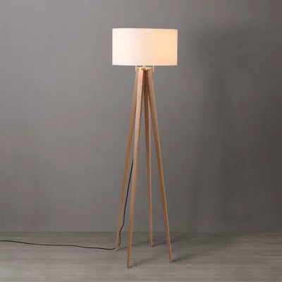 Nova Of California Quattro Floor Lamp - Natural Ash Wood Finish & Weathered Brass, White Linen Shade, Dimmer In Brown