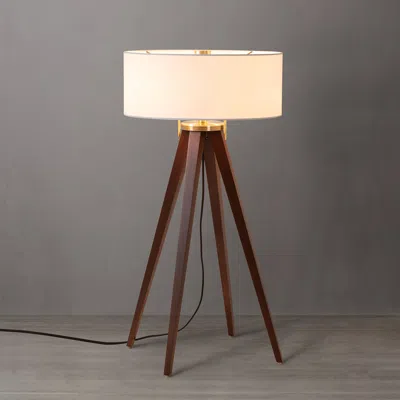 Nova Of California Quattro Table Lamp - Dark Walnut Wood Finish & Weathered Brass, White Linen Shade In Brown