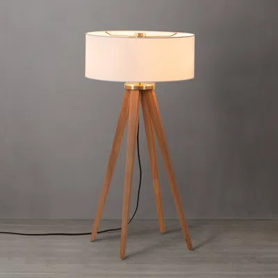 Nova Of California Quattro Table Lamp - Natural Ash Wood Finish & Weathered Brass, White Linen Shade In Multi