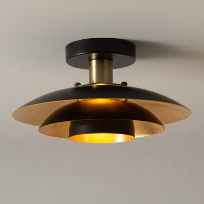 Nova Of California Rancho Mirage Flush Mount Ceiling Light - Matte Black & Gold-leaf Shade, Weathered Brass