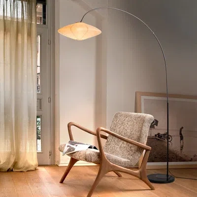 Nova Of California Roswell 1 Light Arc Floor Lamp - Matte Black Finish, Handcrafted Shinpuru-sa Linen-cotton Shade, Bla