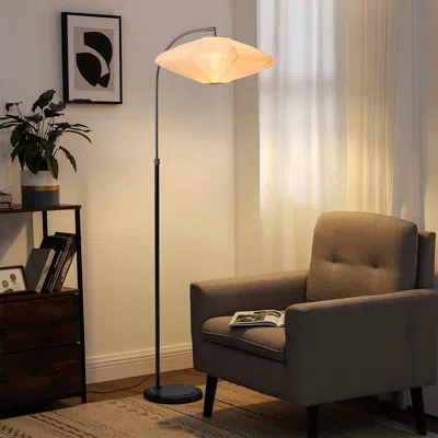 Nova Of California Roswell Floor Lamp - Matte Black Finish, White Linen Shade, Black Marble Base, Dimmer