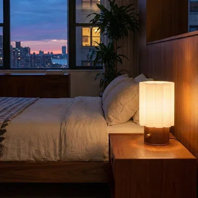 Nova Of California Scalloped Accent Table Lamp - Walnut, Weathered Brass, White Linen, Diffuser, Dimmer In Brown