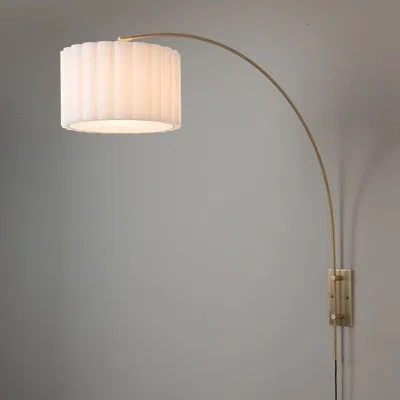 Nova Of California Scalloped Wall Arc Lamp - Weathered Brass, White Linen, Diffuser In Stainless Steel
