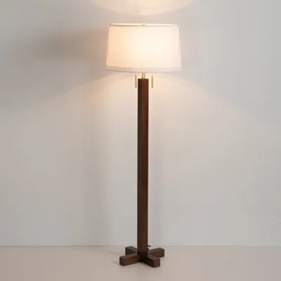 Nova Of California Swiss Cross Floor Lamp - Dark Walnut Wood Finish, Weathered Brass, White Linen Shade In Brown