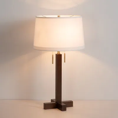 Nova Of California Swiss Cross Table Lamp - Dark Walnut Wood Finish, Weathered Brass, White Linen Shade In Brown