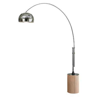 Nova Of California Tambo Arc Floor Lamp - Natural Ash Wood Finish, Weathered Brass, White Linen Shade, Dimmer In Metallic