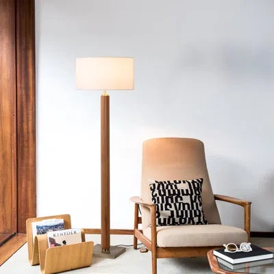 Nova Of California Tambo Floor Lamp -  Weathered Brass, White Linen Shade, Dimmer In Natural Ash