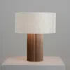 Nova Of California Tambo Table Lamp - Dark Walnut Wood Finish, Weathered Brass, White Linen Shade