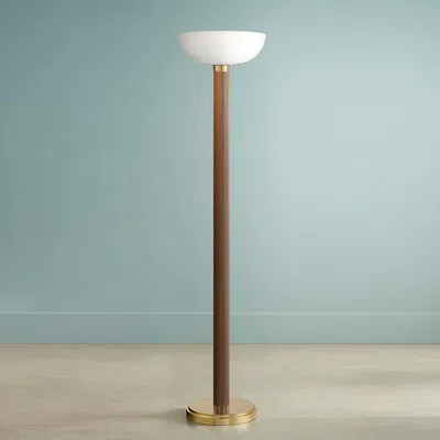 Nova Of California Tambo Torchiere Floor Lamp - Dark Walnut Wood Finish, Weathered Brass, Dimmer In Brown