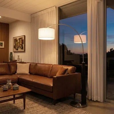 Nova Of California Taper 1 Light Arc Floor Lamp - Weathered Brass, White Cotton-linen Shade In Black Wood